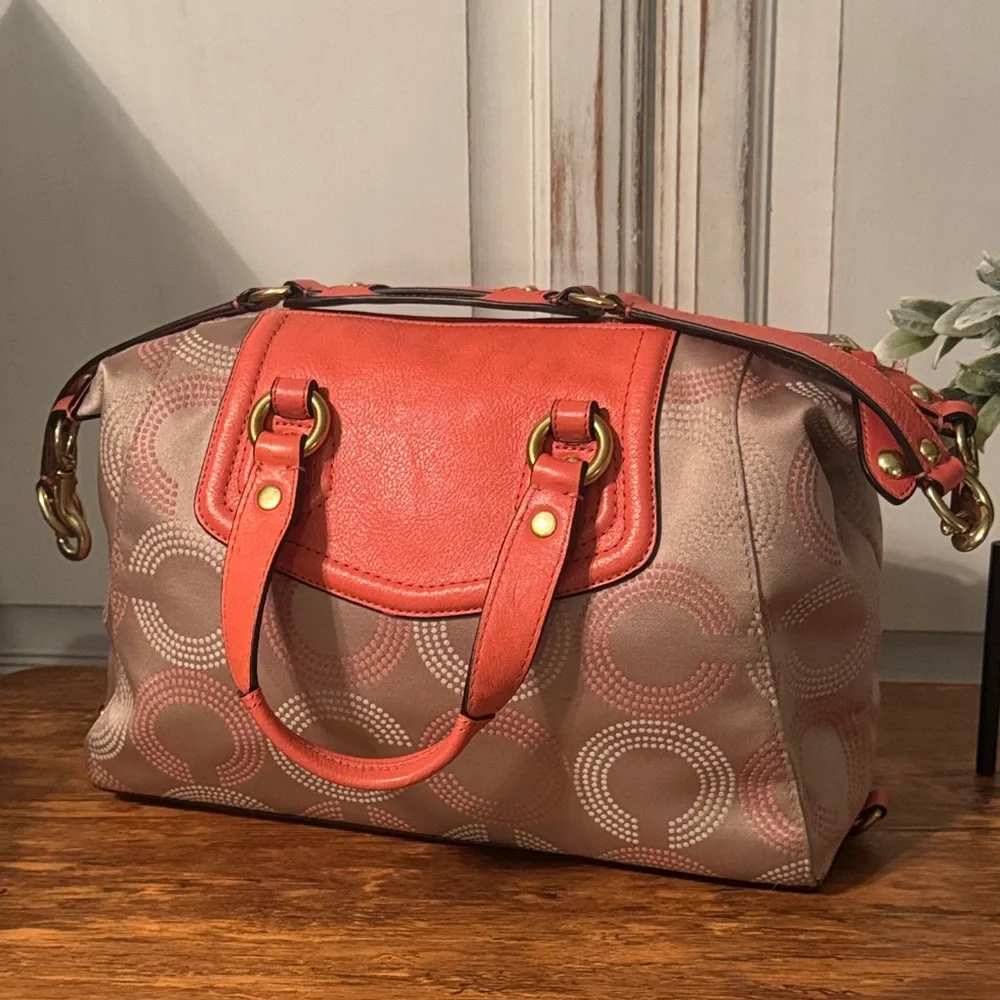 Coach Ashley Signature Tan Sateen,coral Leather Shoulder satchel Bag - Picture 4 of 11
